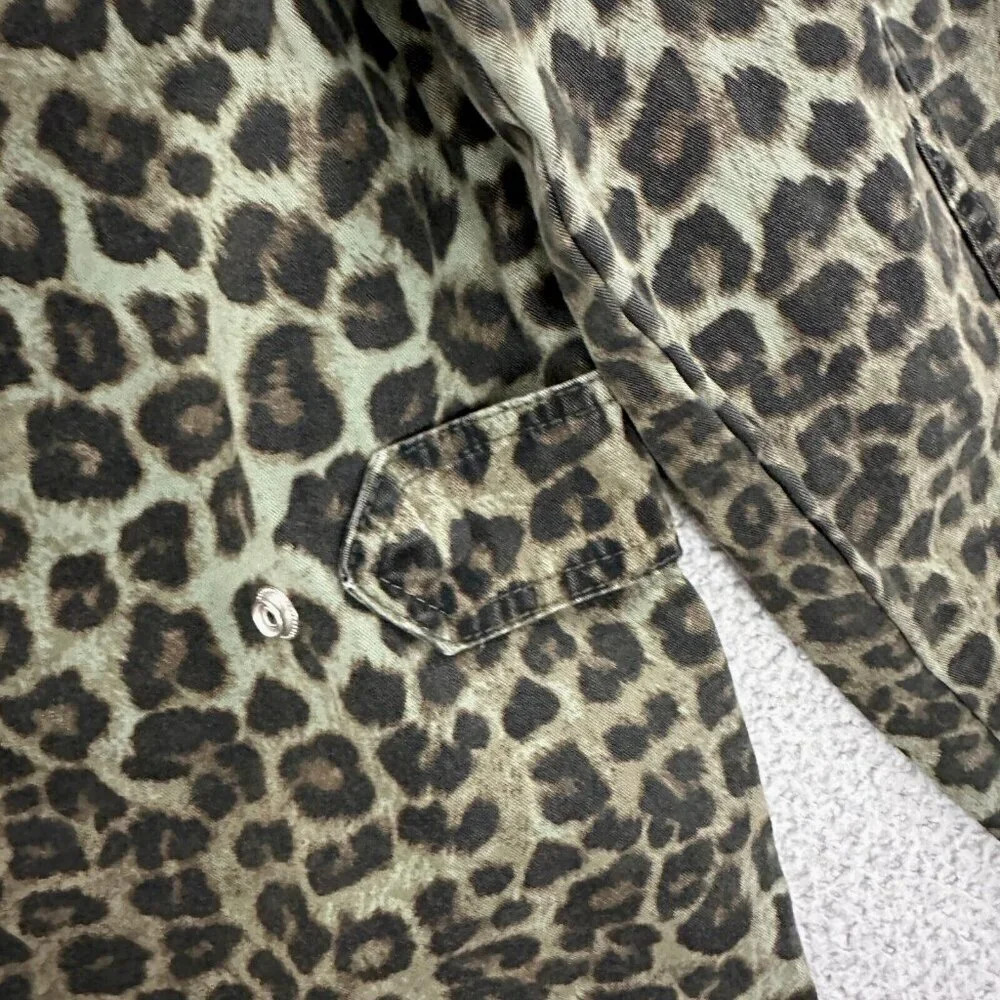 Good American Green Leopard Utility Jacket Pockets Snap Womens Size 1 Small - Picture 15 of 16